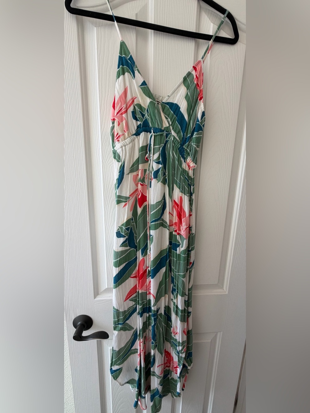 Billabong White Maxi Dress with Green and Coral Tropical Print